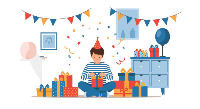 Joyful Celebration Young Man Opens Presents Surrounded by Festive Decor - Powered by Adobe
