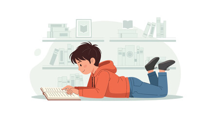Illustration of a young boy reading a book lying on his stomach near bookshelfs
