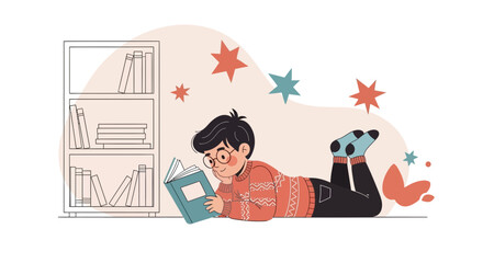Illustration of a young boy reading a book on the floor surrounded by stars next to a bookshelf