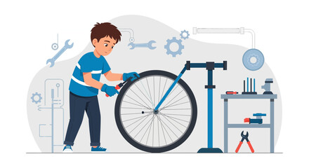 Illustration of a young boy repairing a bicycle wheel with tools in a garage setting showcasing skill development
