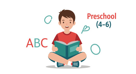 Illustration of a young boy reading, surrounded by educational symbols and letters, suited for a preschool theme