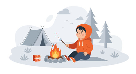 Illustration of a young boy roasting a marshmallow by a campfire at a campsite