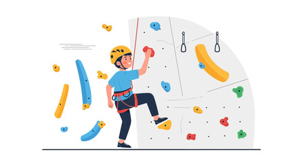 Illustration of a young boy rock climbing indoors with safety equipment and colorful holds depicting an active and healthy lifestyle