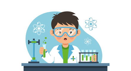 Illustration of a young boy scientist conducting a chemical experiment in a lab