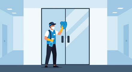 Man Cleans Glass Doors In Office Building While Wearing Face Mask