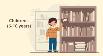 Illustration of a young boy selecting a book from a bookshelf in a library