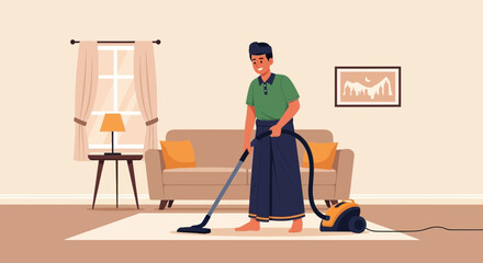 Man Cleans The House With Vacuum Cleaner Wearing Sarong In Living Room