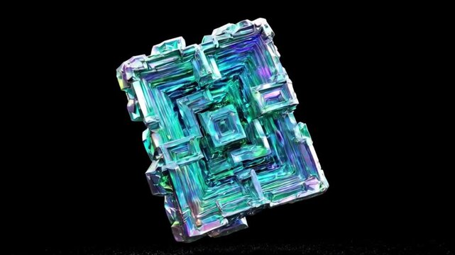 Colorful bismuth crystal displaying geometric patterns on black background  