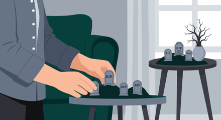 Person Arranging Miniature Gravestones In A Living Room For A Unique Hobby