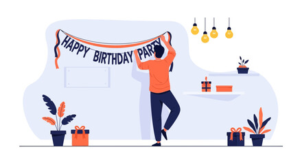 Person Preparing For a Birthday Party, Hanging Banner Decoration Indoors