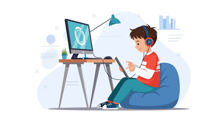 Illustration of a young boy with headphones using a tablet and computer at home