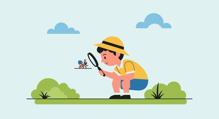 Illustration of a young boy with magnifying glass observing an insect in nature