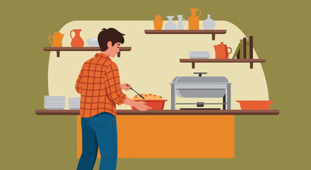 Person Preparing Food at Buffet Station with Variety of Dishes