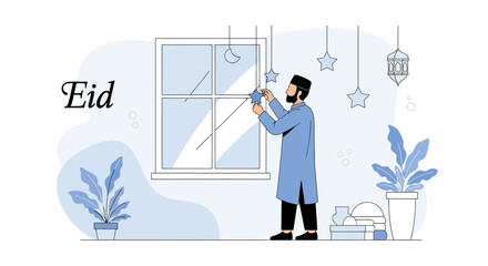 Man Decorating Home With Islamic Ornament for Eid Festive Celebration