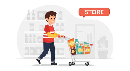 Man Doing Grocery Shopping With Shopping Cart At The Supermarket
