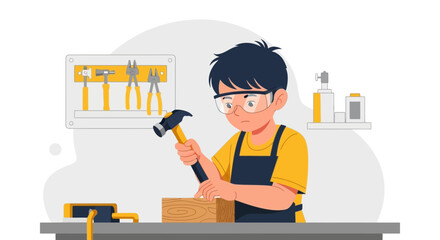 Illustration of a young carpenter hammering wood in a workshop setting with tools