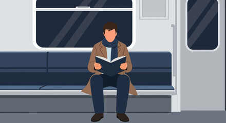 Person Reads Book On The Subway Minimalist Flat Vector Illustration Style