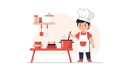 Illustration of a young chef cooking in the kitchen with various utensils around him happy scene