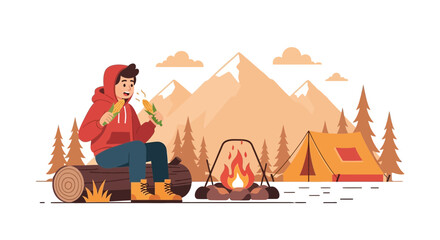 Man Eating Corn At Campground Enjoying Outdoor Leisure Time At Campsite