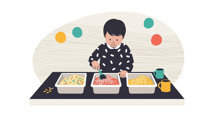 Illustration of a young child engaged in sensory play with different textures and materials in containers