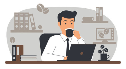 Man Drinking Coffee Working On Laptop In Office Environment Illustration