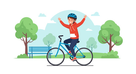 Naklejka premium Joyful cyclist enjoying a ride in the park with arms raised in celebration of freedom