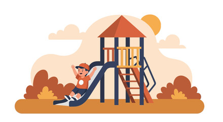 Playful Afternoon: Child Enjoying the Slide in a Colorful Playground Scene