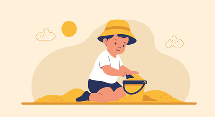 Joyful Day At The Beach Little Boy Playing With Sand Illustration