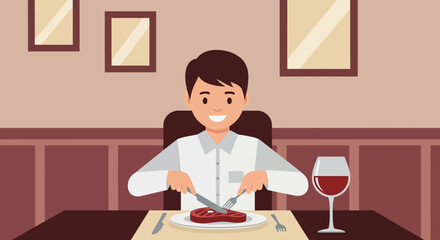 Man Enjoying A Delicious Steak Dinner At A Restaurant With Wine