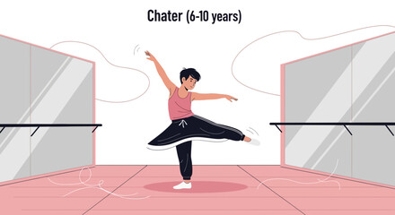 Illustration of a young dancer practicing the chater ballet step in a studio with mirrors and barre