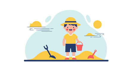 Playful Child Enjoys Day At Beach With Sand, Tools And Warm Sunshine