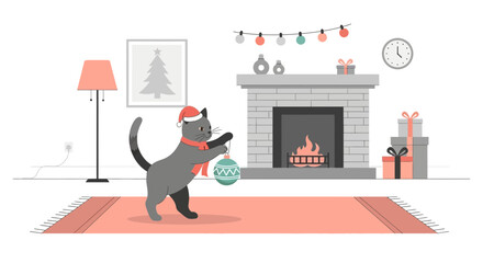 Playful Cat Decorating A Cozy Home With Christmas Ornament With Warm Fire