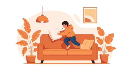 Playful Childhood A Boy's Energetic Leap And Pillow Fight On Couch At Home