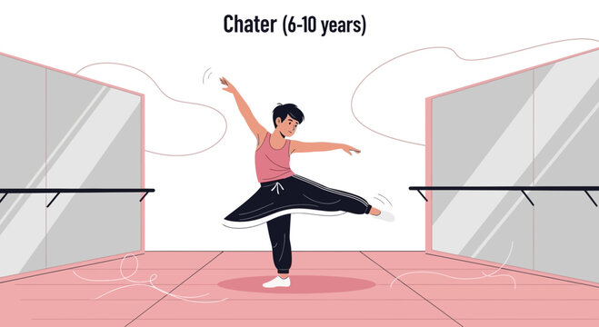 Illustration of a young dancer practicing the chater ballet step in a studio with mirrors and barre