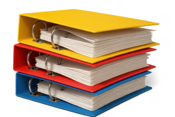 Stack of colorful ring binders full of documents on transparent background