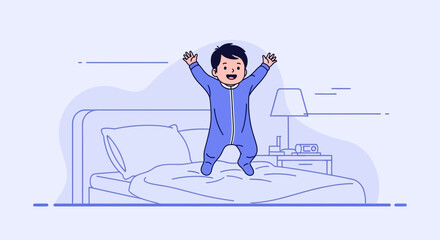 Playful toddler joyfully jumping on the bed in a brightly lit bedroom vector illustration