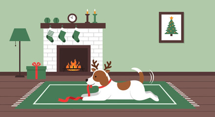 Playful Pup Celebrates Christmas Eve Near Fireplace In Cosy Home