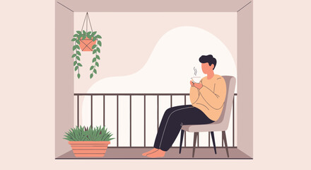 Man Enjoying Morning Coffee On Balcony In Serene Home Setting Illustration