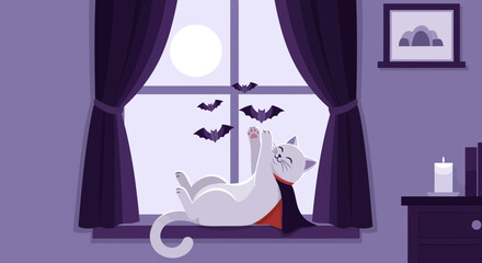 Playful Vampire Cat Chasing Bats In Window On Halloween Night Illustration