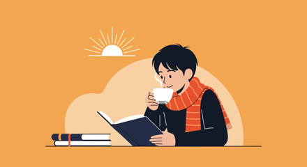 Man Enjoying Morning Reading Time With Hot Beverage During Sunrise