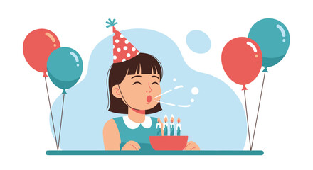 Illustration of a young girl celebrating her birthday with balloons and cake candles