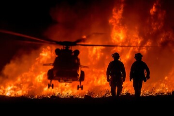 Wildfire illumination: helicopter silhouette in night sky. Helicopter technology. California's firefighting fleet expanded with latest firehawk models. Forest fire battle. Aerial operations.