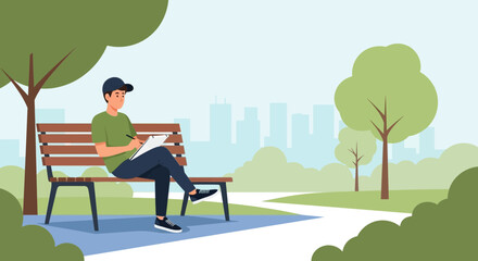 Man Enjoying Nature While Sketching In The Park On A Sunny Day