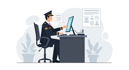 Police Officer Working At Computer In Office Checking Security Data