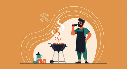 Man Enjoying Outdoor Barbecue Grilling Sausages With Cold Drink Refreshment