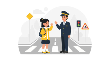 Polite Girl Thanks A Crossing Guard At School Safety Education Concept