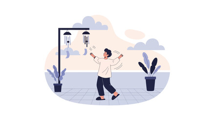 Man Enjoying Peaceful Music From Wind Chimes On Balcony Illustration