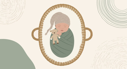 Precious Newborn Sleeping Peacefully In A Basket With Teddy Bear Illustration