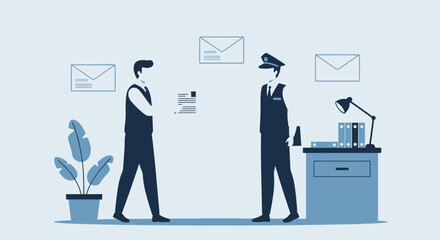 Postman Delivering Mail To Businessman In Office With Clean Background Design