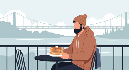 Man Enjoying Pancakes With City Bridge View Minimalist Vector Illustration